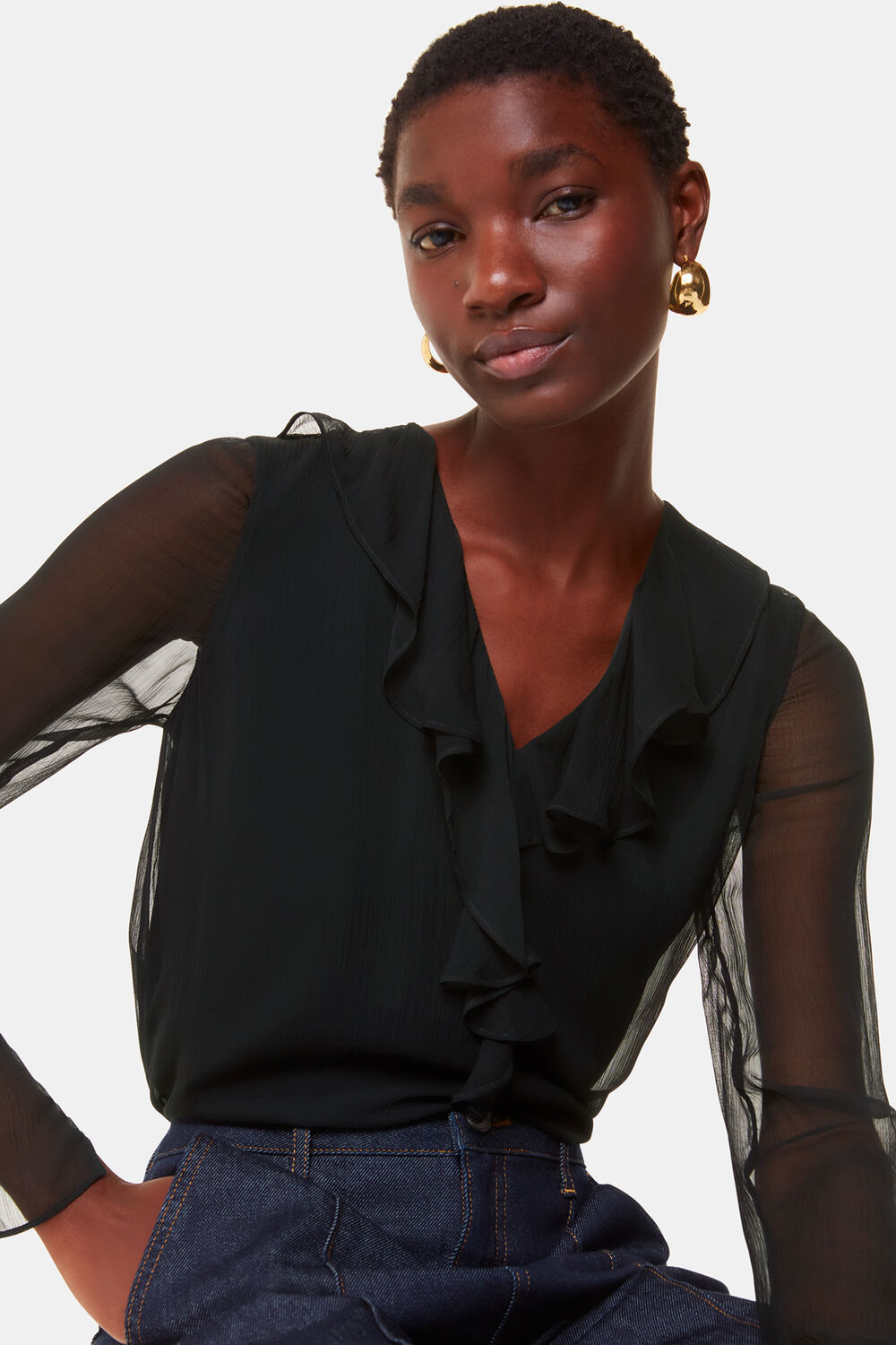Black Ruffle Collar Detail Blouse
