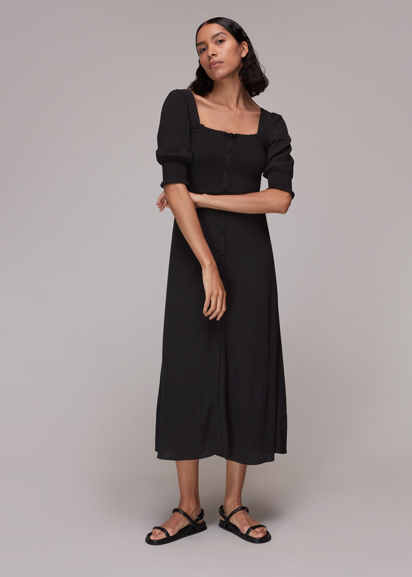 Black Luna Shirred Bodice Midi Dress WHISTLES Whistles US