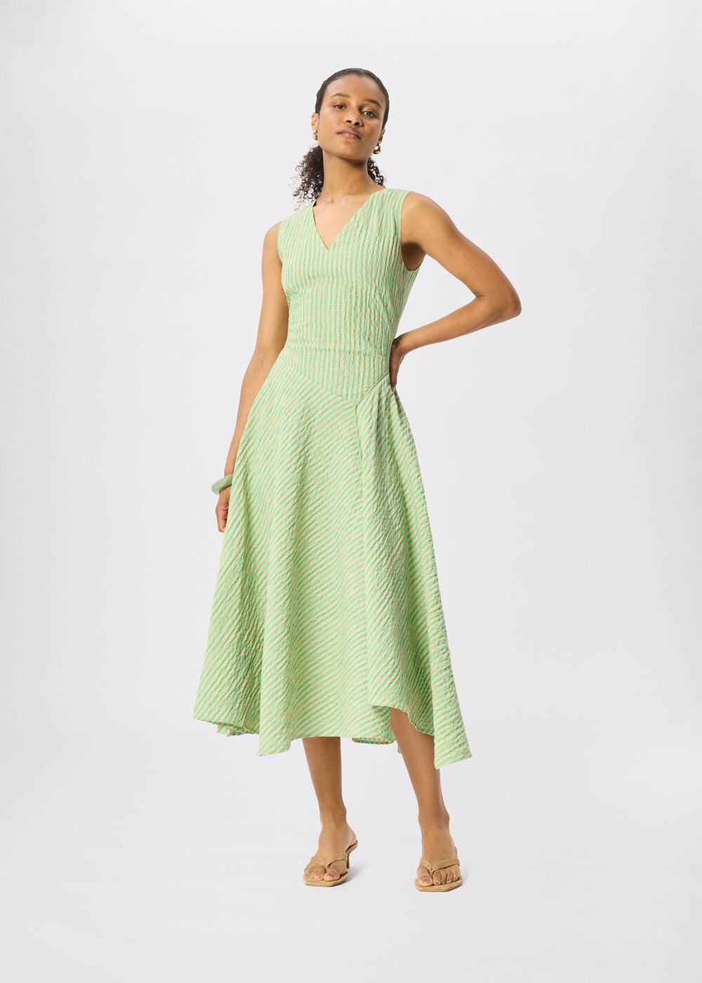 Check V Neck Asymmetric Dress