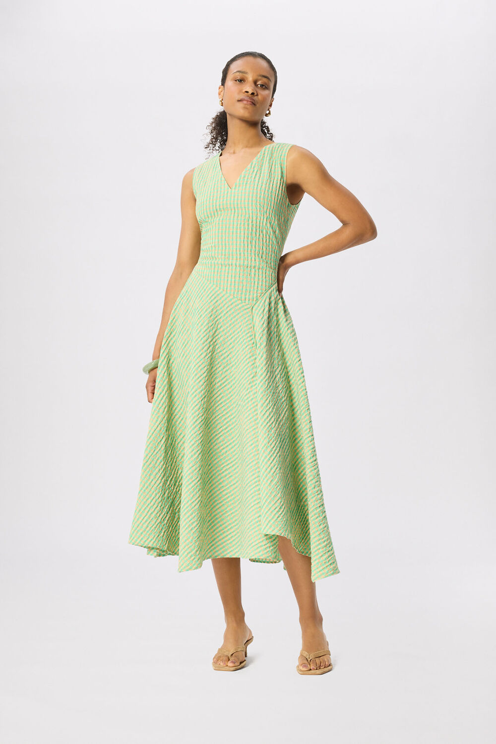 Green Check V Neck Asymmetric Dress