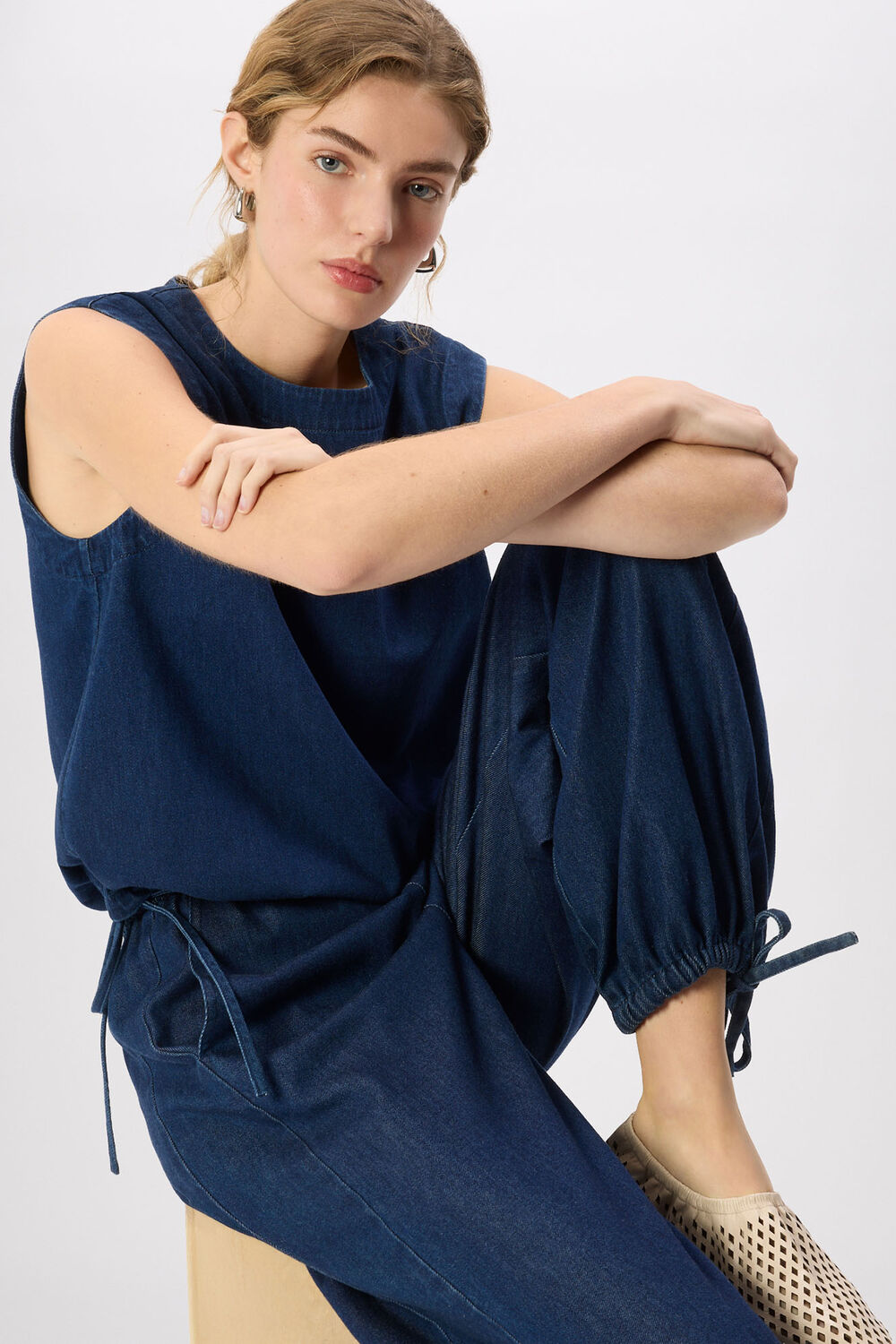 Dark Denim Tie Hem Balloon Trouser