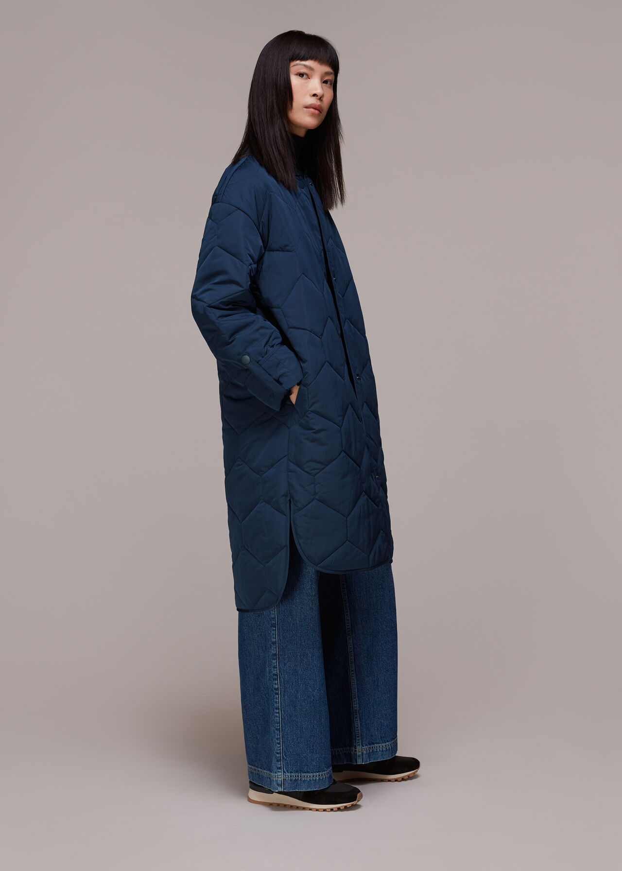 Navy Longline Quilted Coat WHISTLES Whistles ROW
