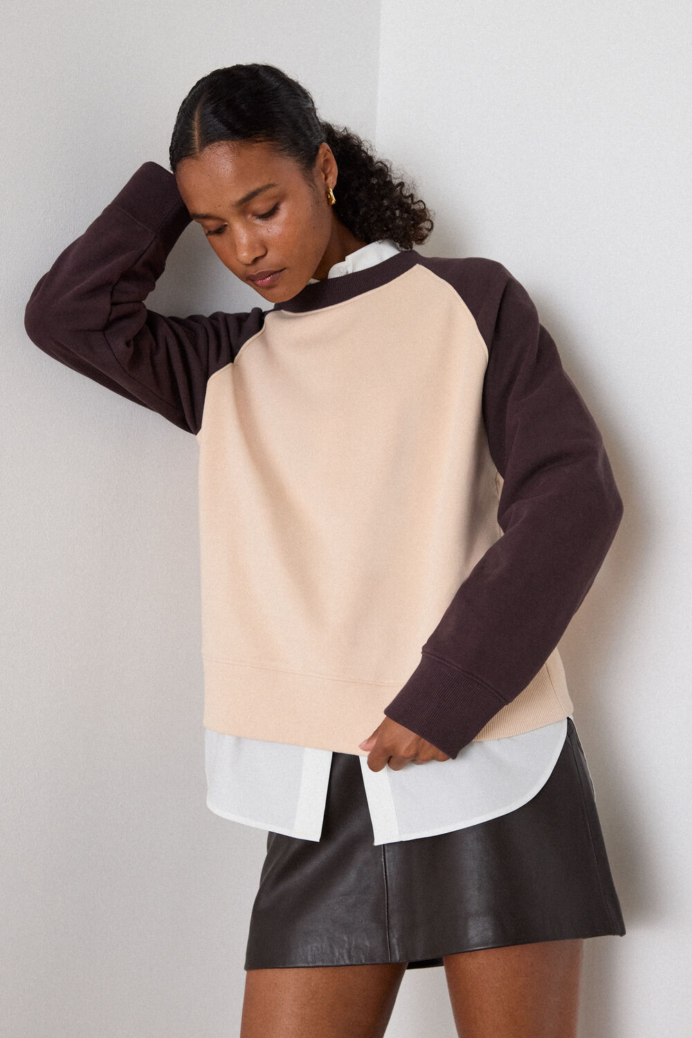 Brown Contrast Sleeve Sweat