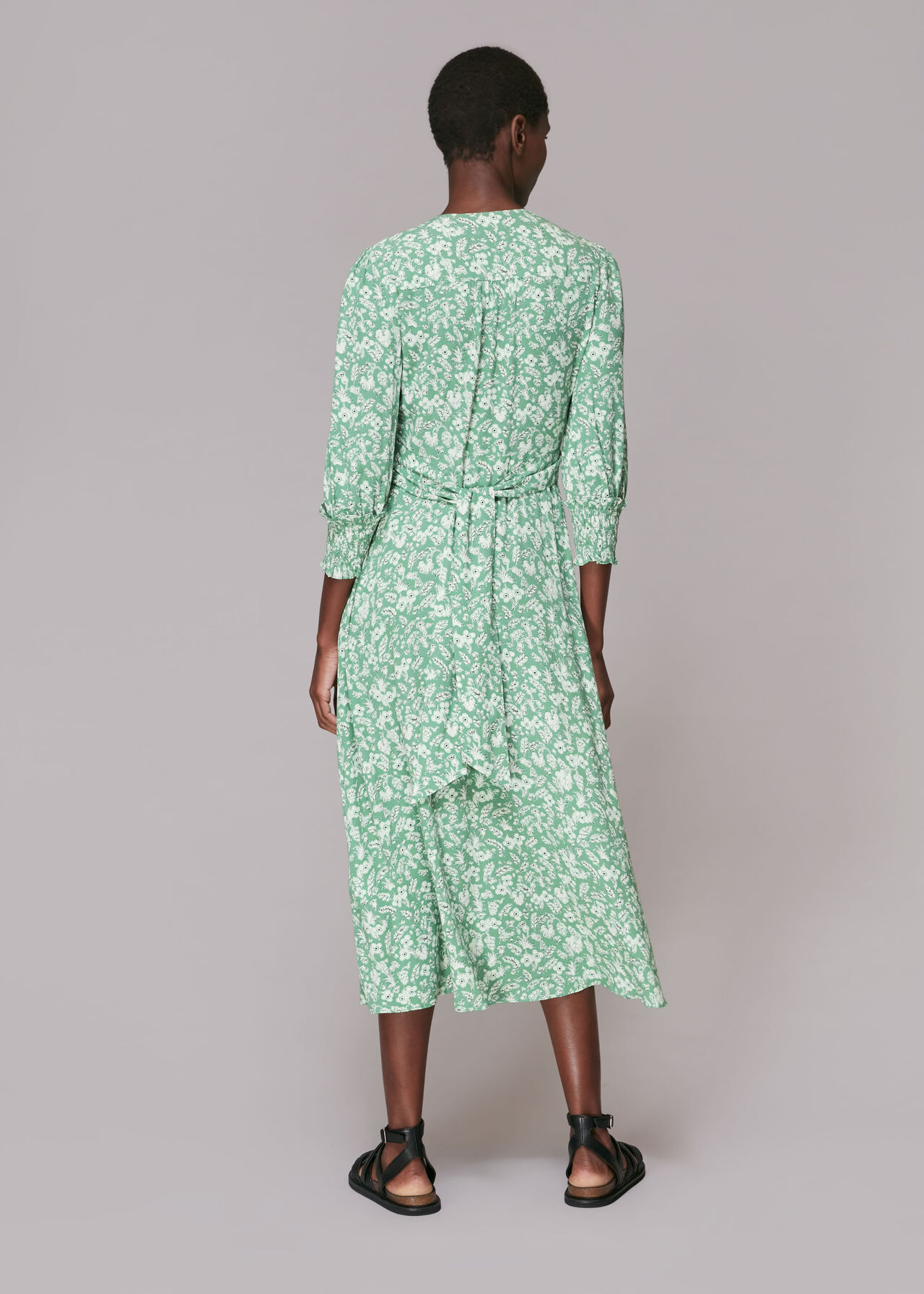 Shirred Wheat Floral Dress