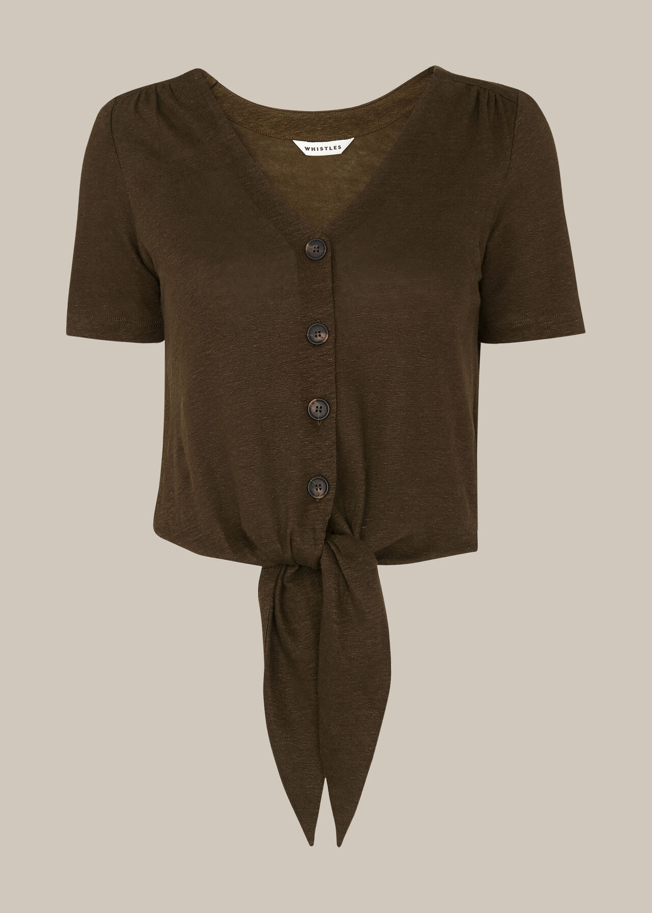 Linen Button Front Tie Top Khaki