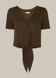 Linen Button Front Tie Top Khaki