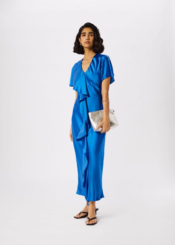 Blue V Neck Ruffle Satin Dress