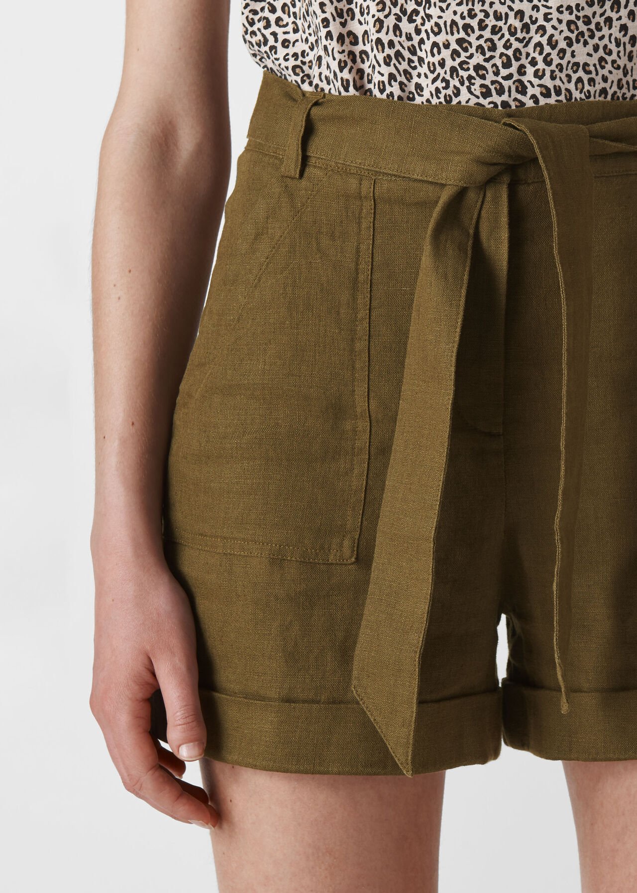 Tie Waist Linen Shorts Olive