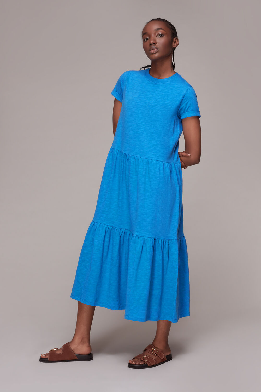 Blue Tiered Jersey Midi Dress