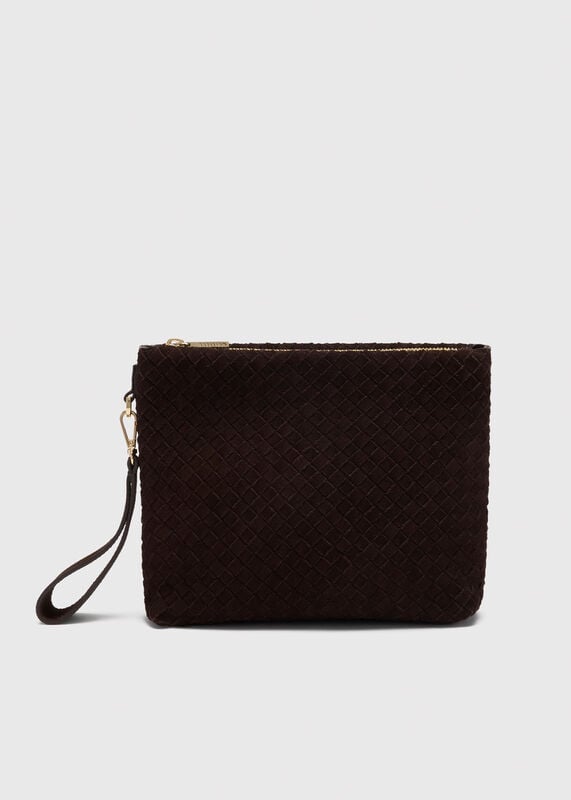 Chocolate Avah Woven Suede Zip Clutch