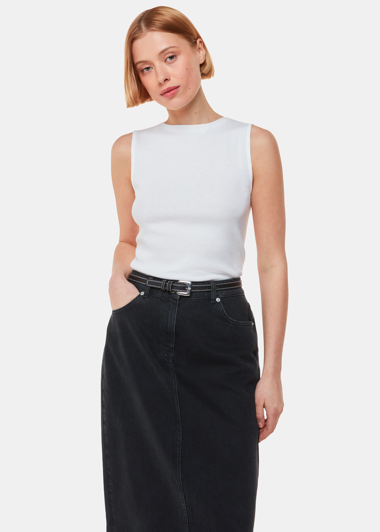 Straight Denim Midi Skirt