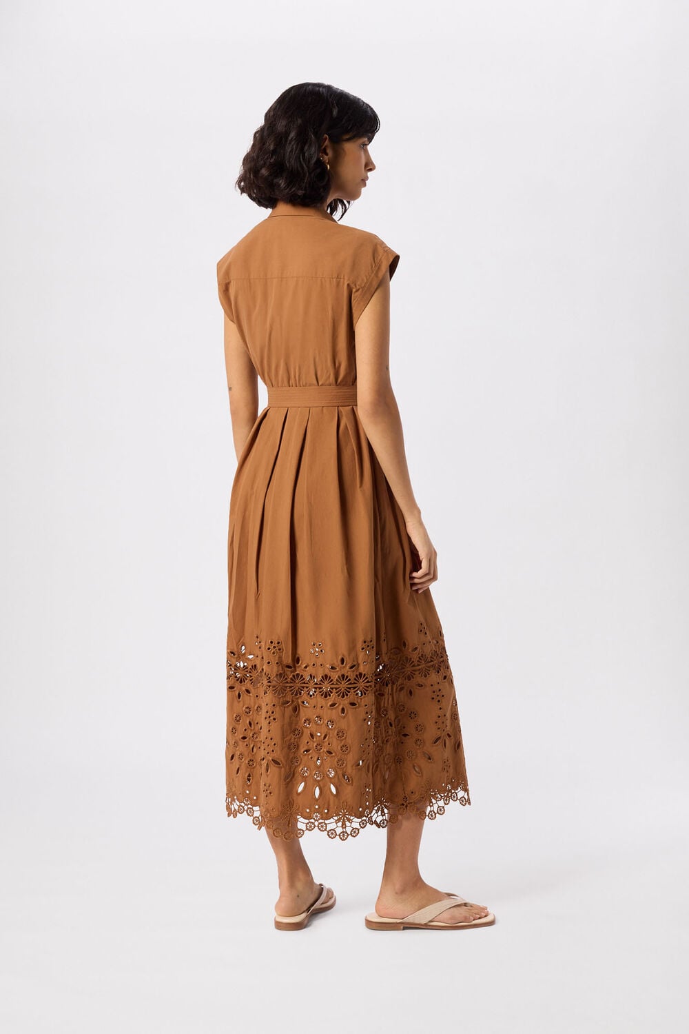 Camel Cotton Broderie Shirt Dress