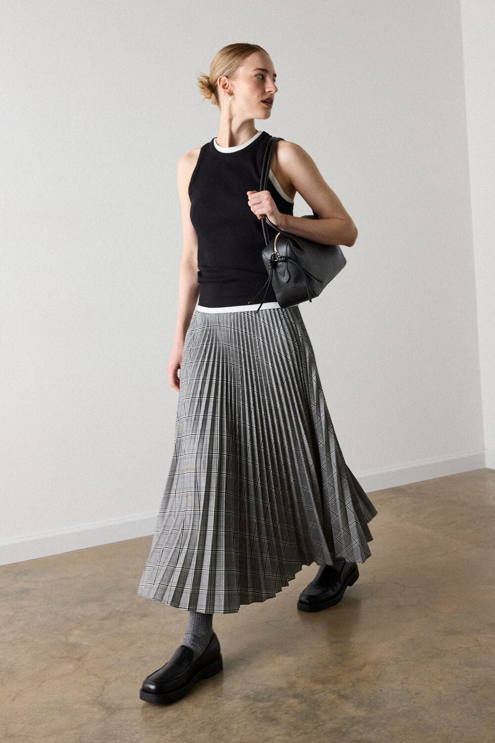 Grey Check Pleated Midi Skirt