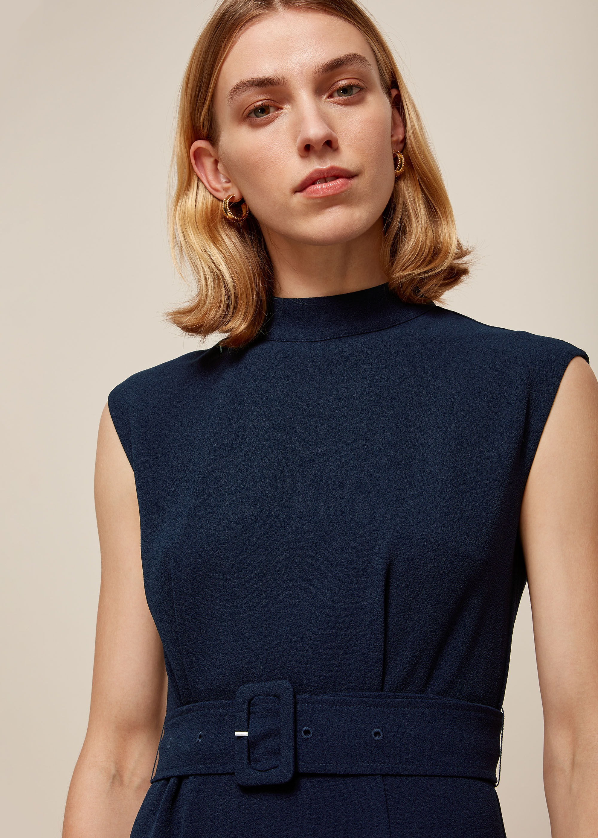 Navy Sleeveless Belted Dress
