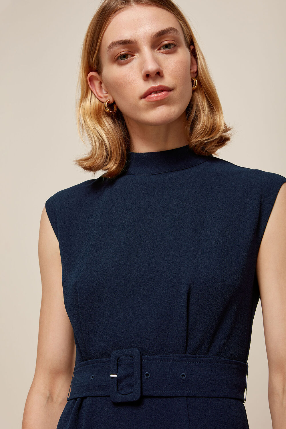 Sleeveless Belted Dress Navy