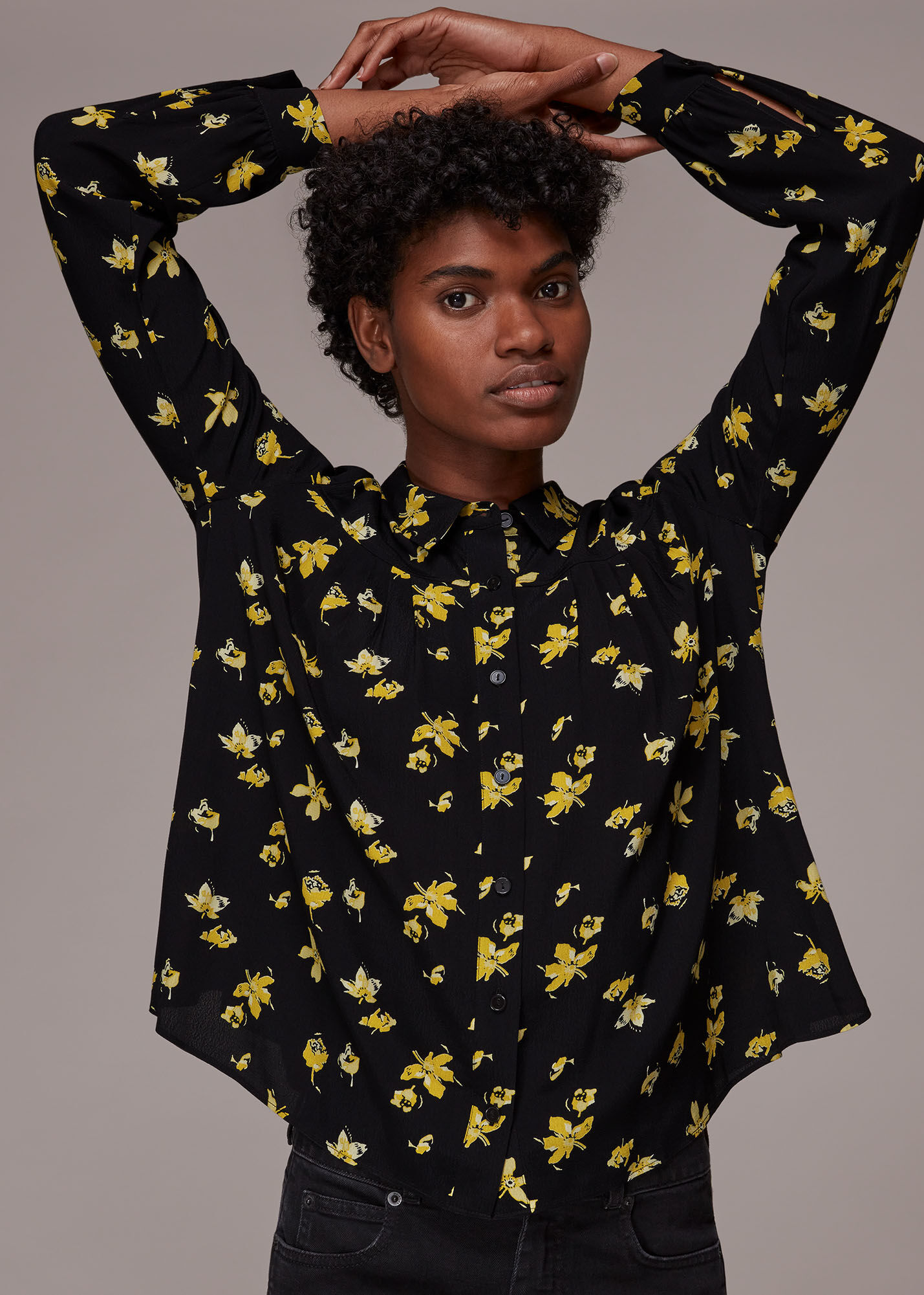 Black/Multi Falling Floral Pleat Blouse 