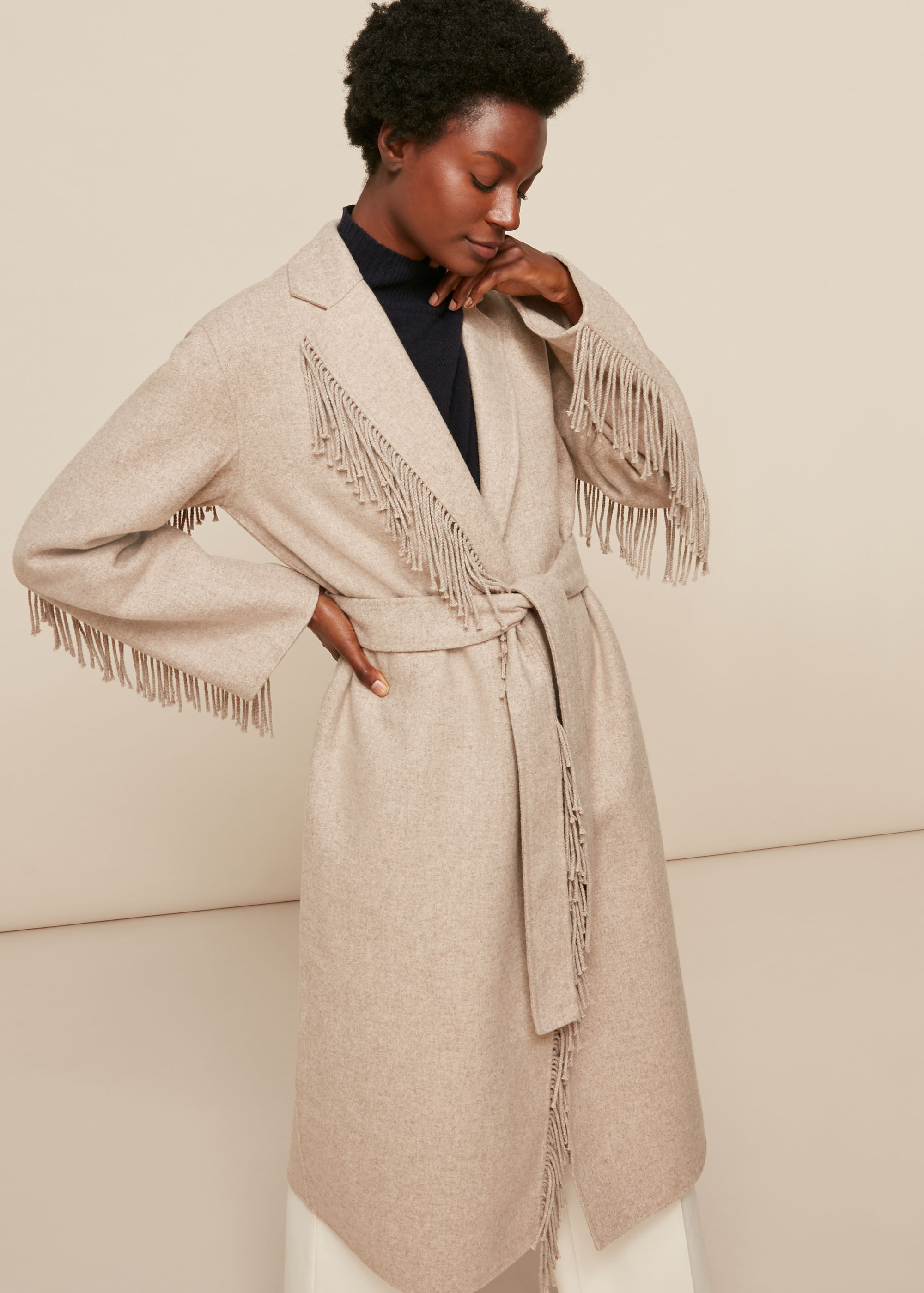 Neutral Fringe Detail Wrap Coat