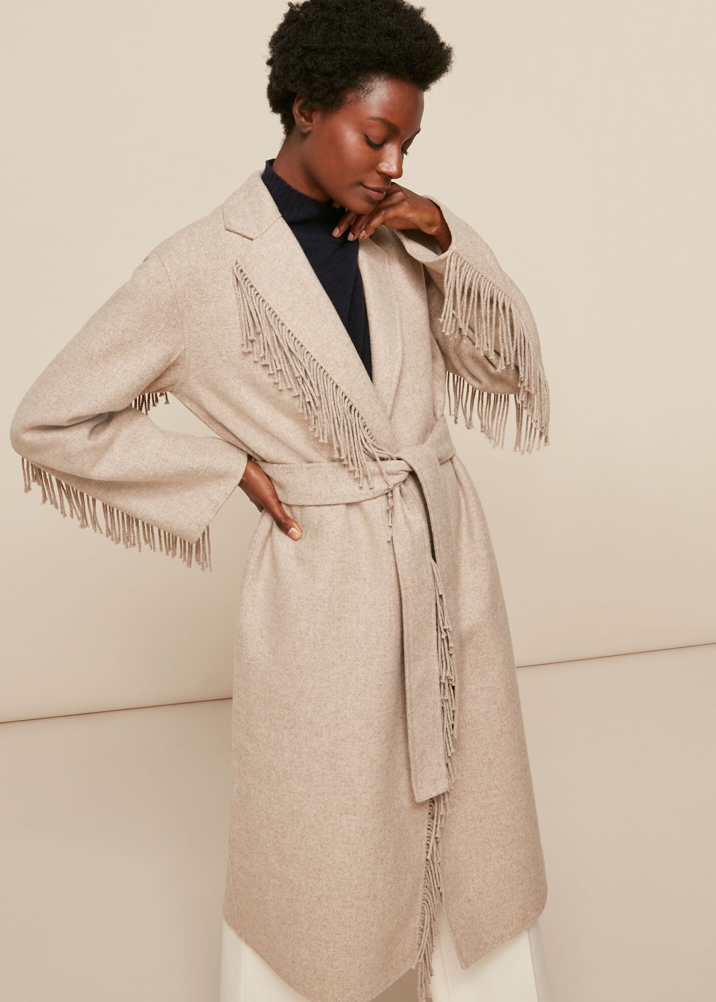 Neutral Fringe Detail Wrap Coat WHISTLES Whistles UK