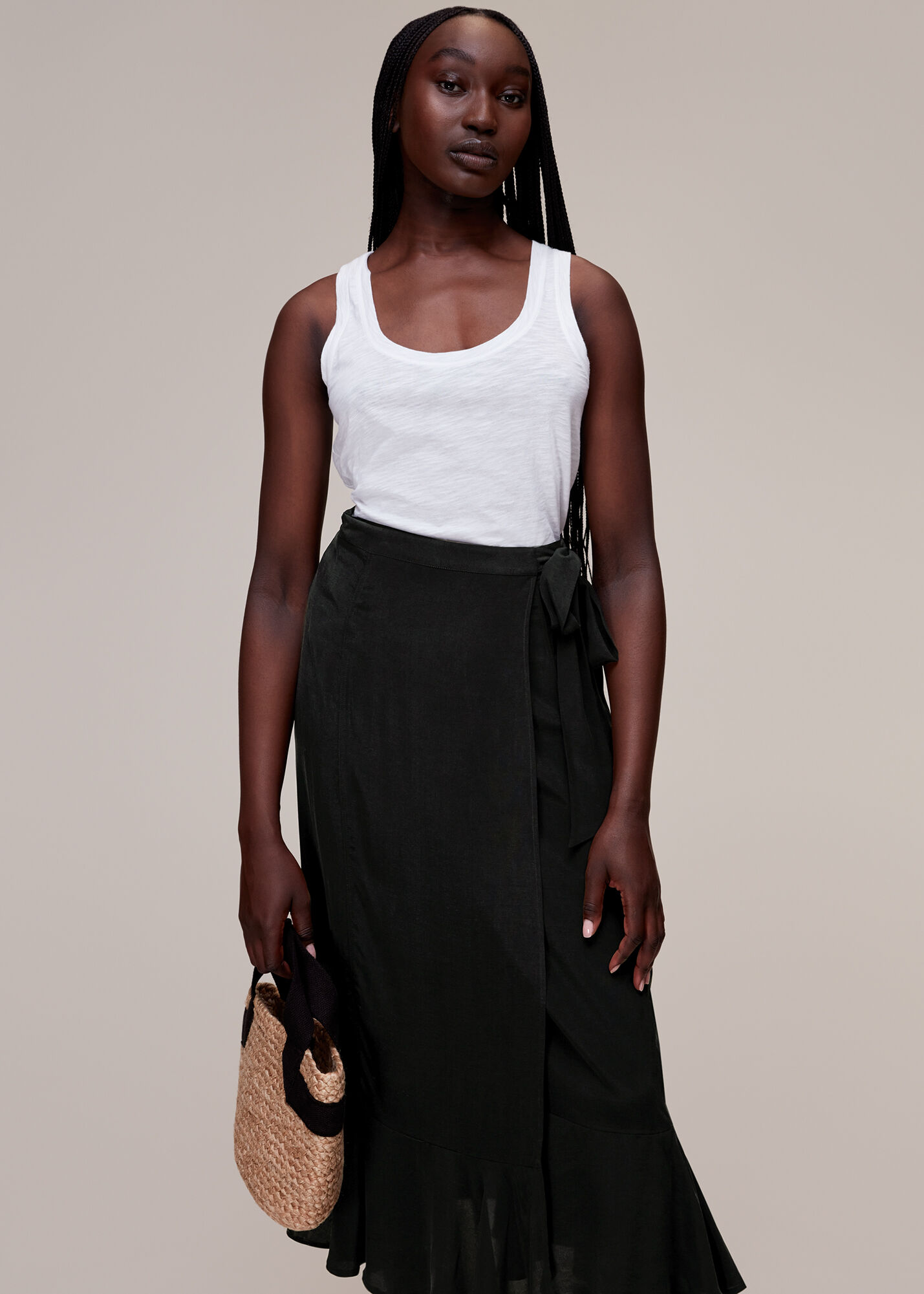 Black wrap sales ruffle skirt