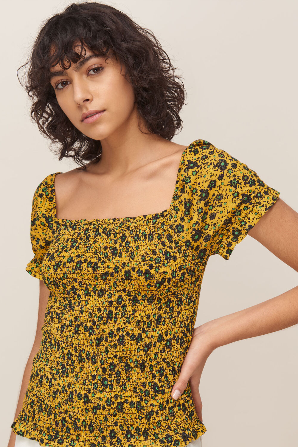 Trailing Daisy Rouched Top Yellow/Multi