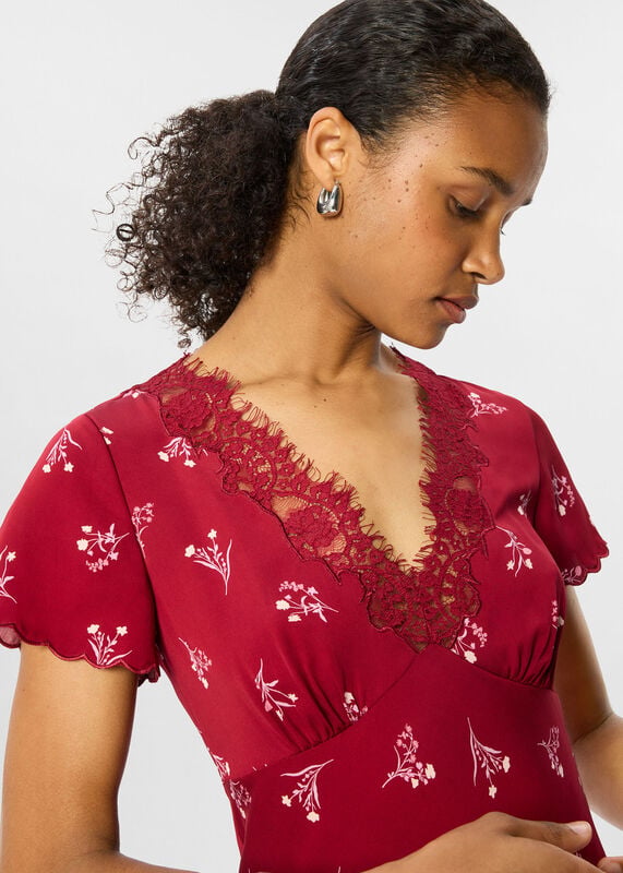 Burgundy Floral Lace Trim Midi Dress