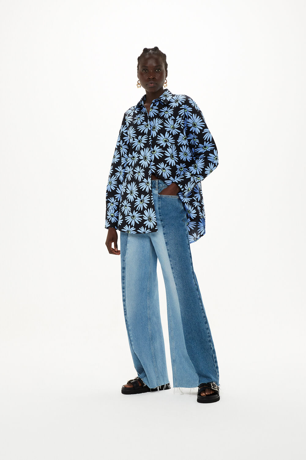 Blue Daisy Print Oversized Shirt