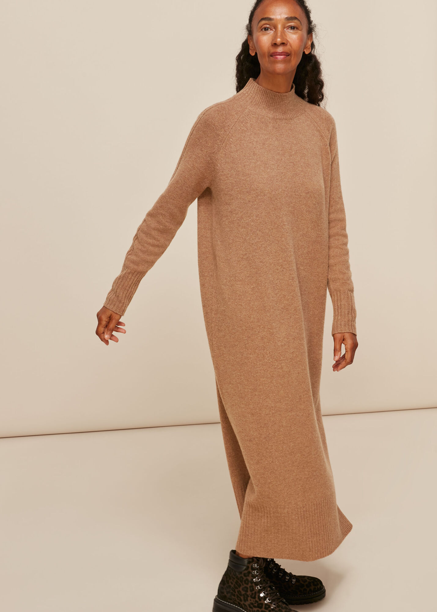 Camel Longline Wool Knit Dress WHISTLES