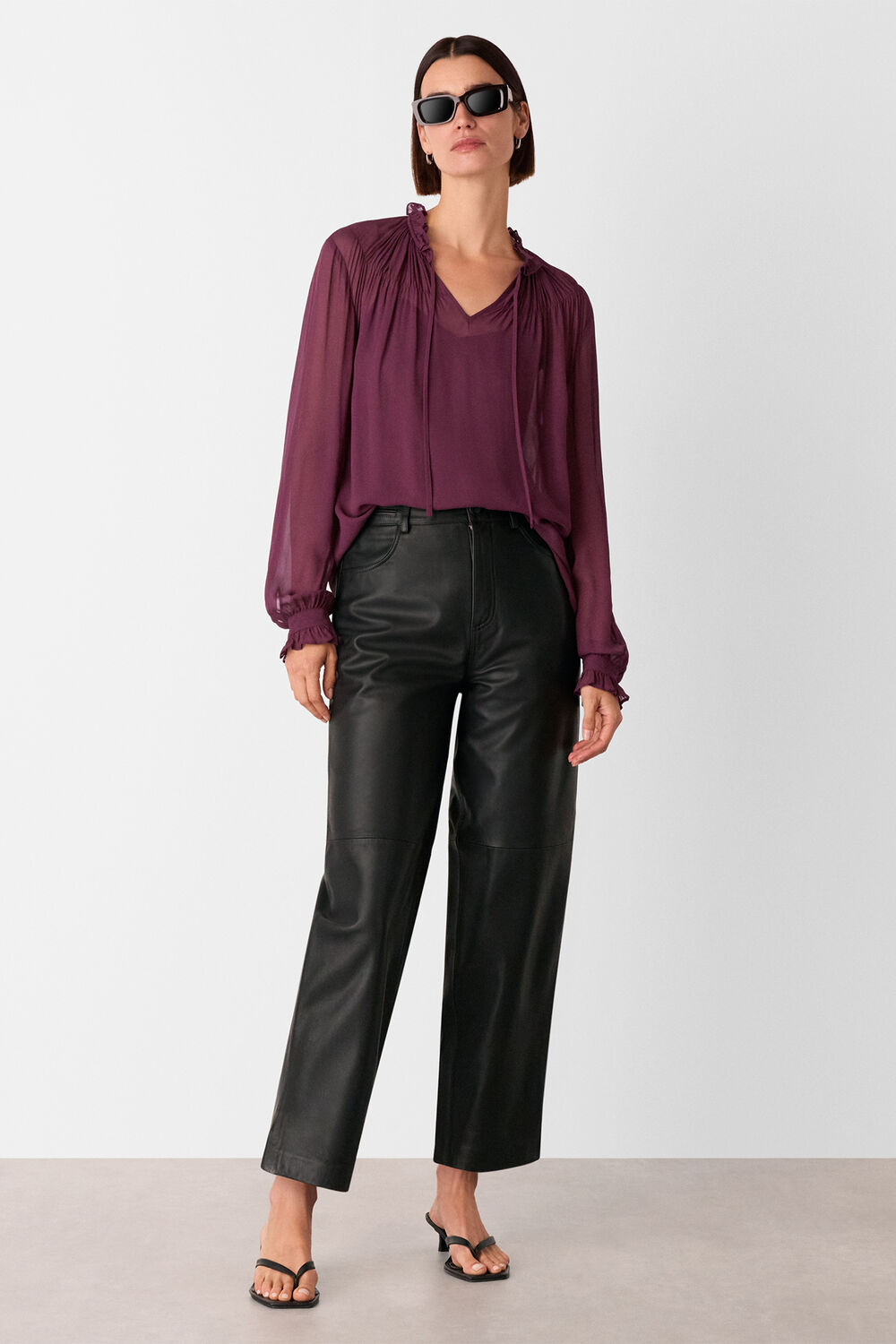 Plum Tie Neck Detail Sheer Blouse
