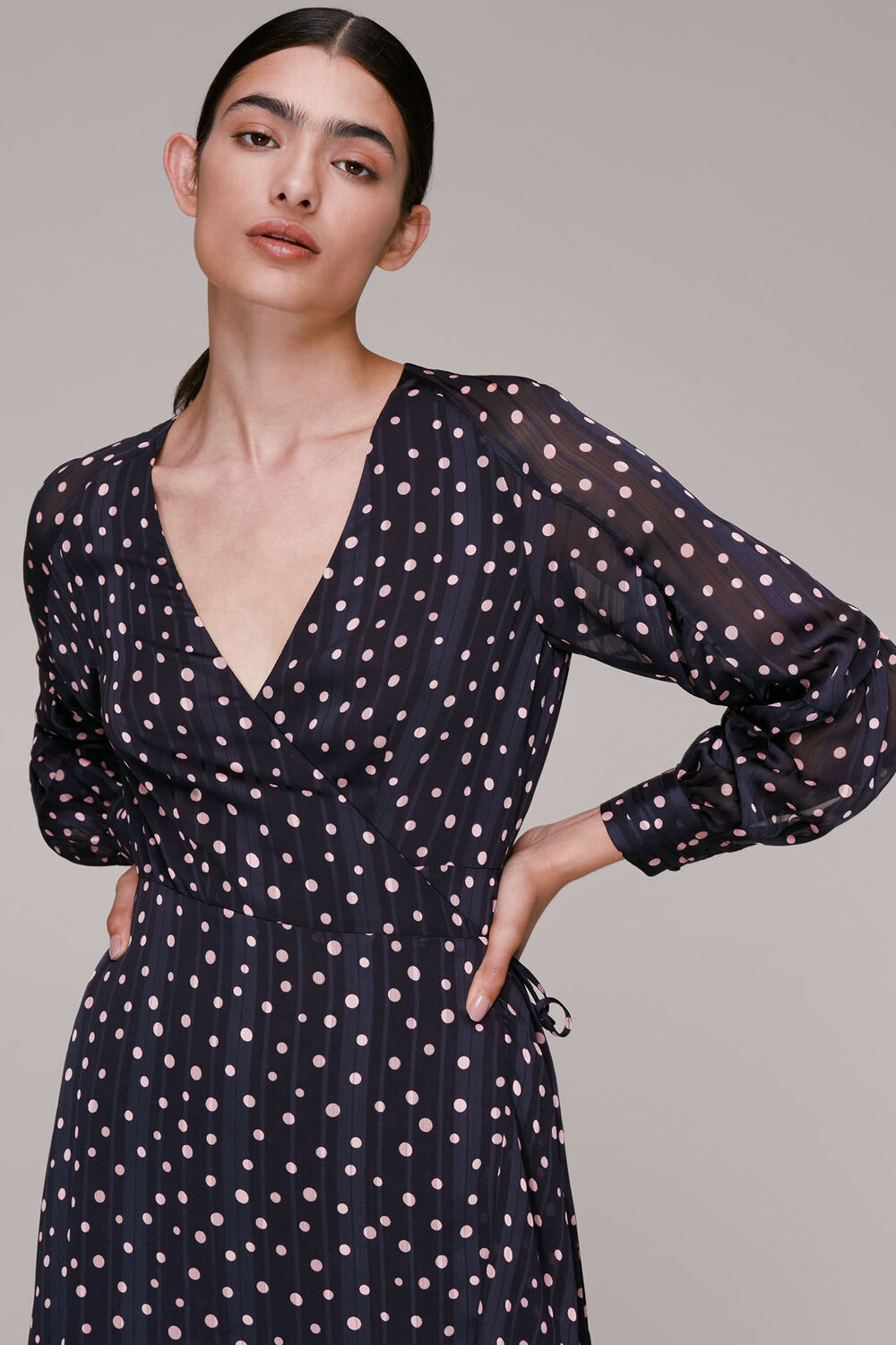 Blue Satin Stripe Spot Wrap Dress