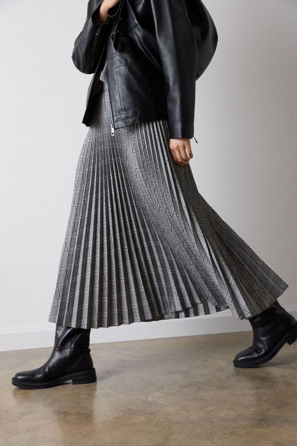 Grey Petite Check Pleated Midi Skirt