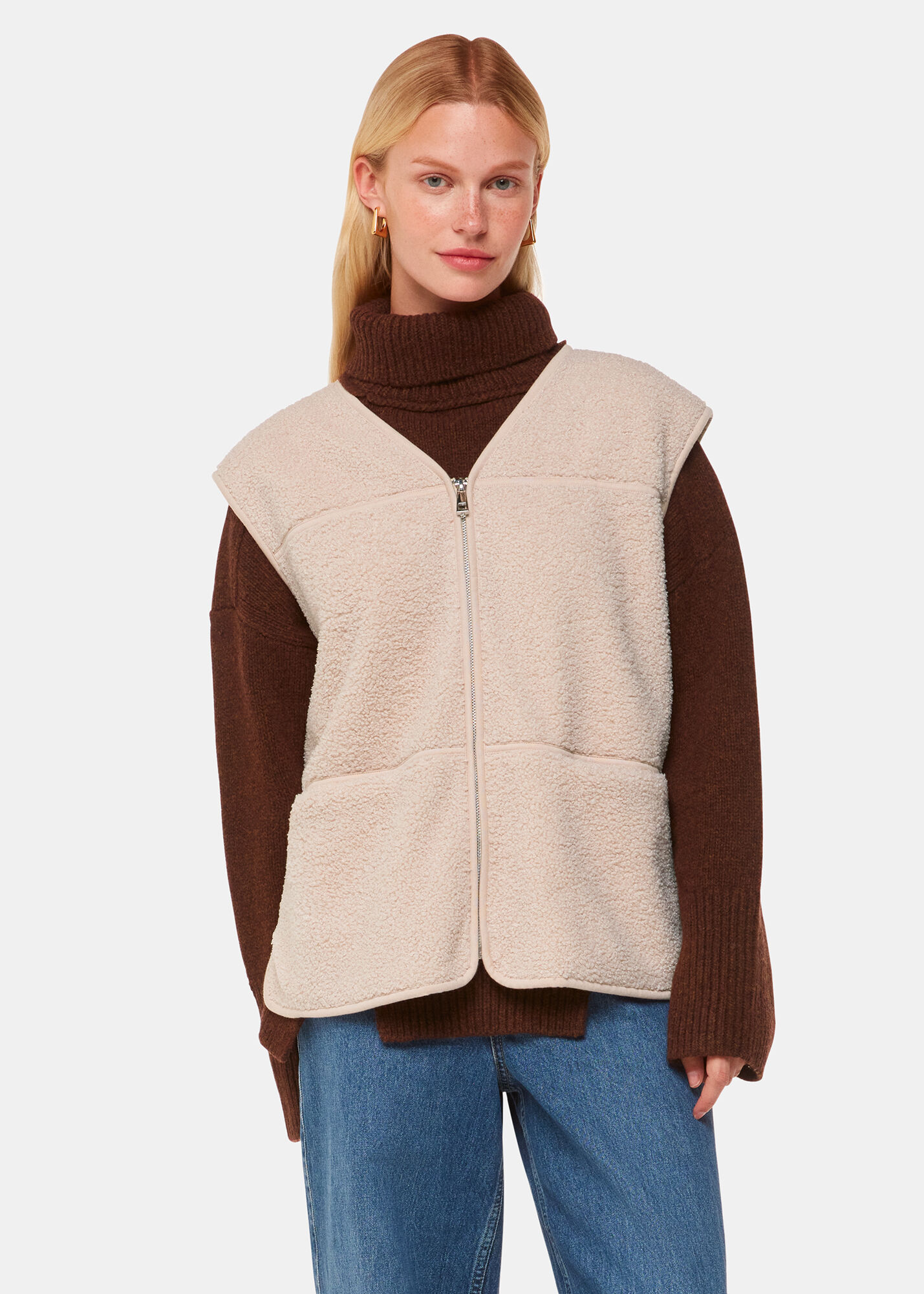 Cream Fleece Zip-Up Gilet with a V-Neck | Whistles | Whistles UK |