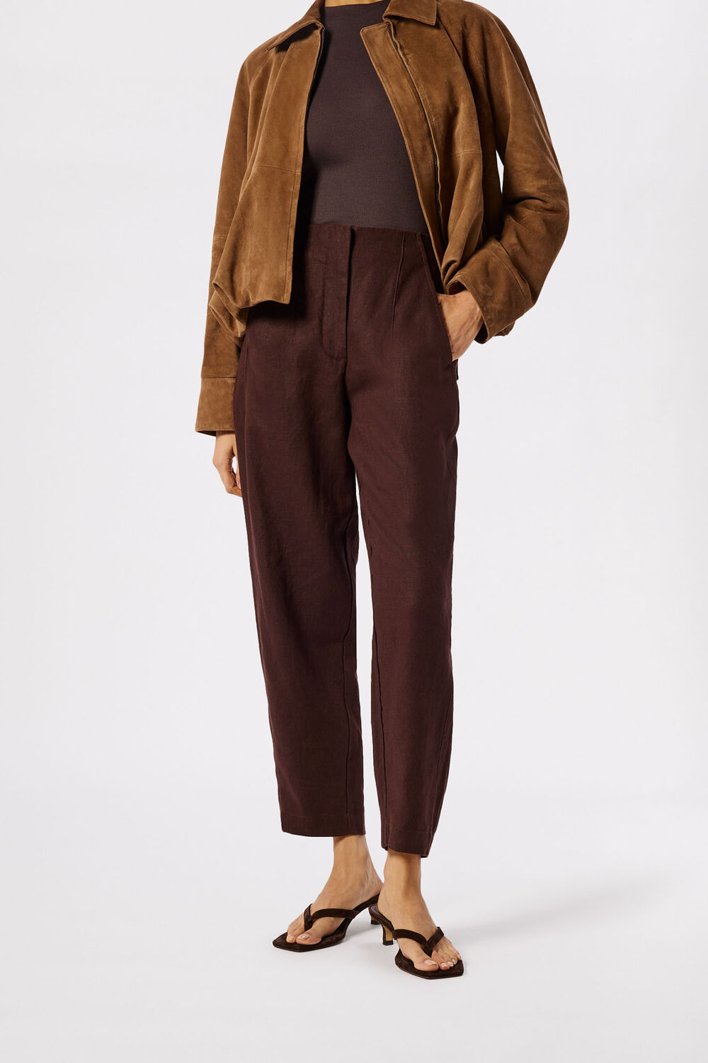 Brown Linen Barrel Leg Trouser
