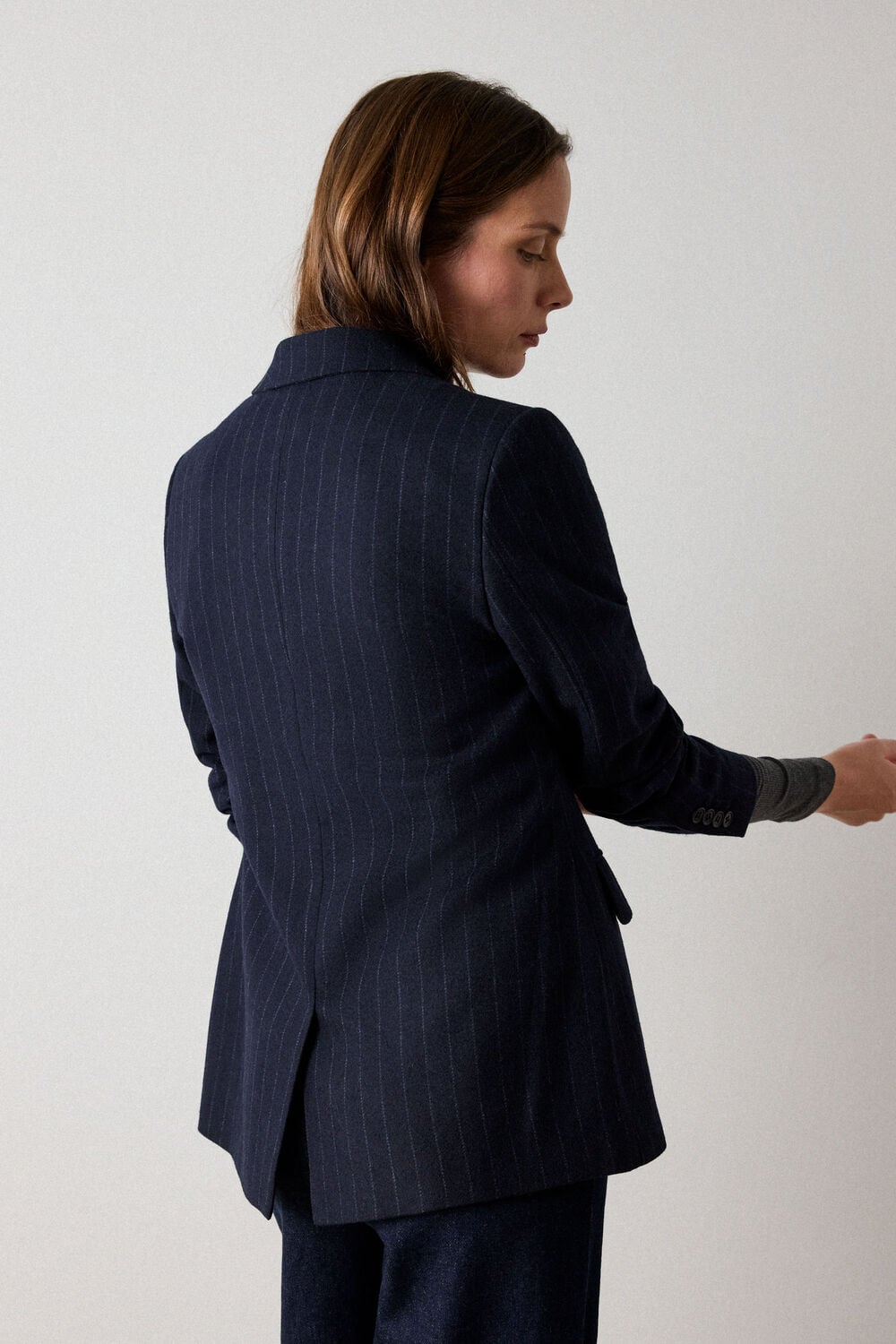 Navy Petite Pinstripe Wool Blend Blazer