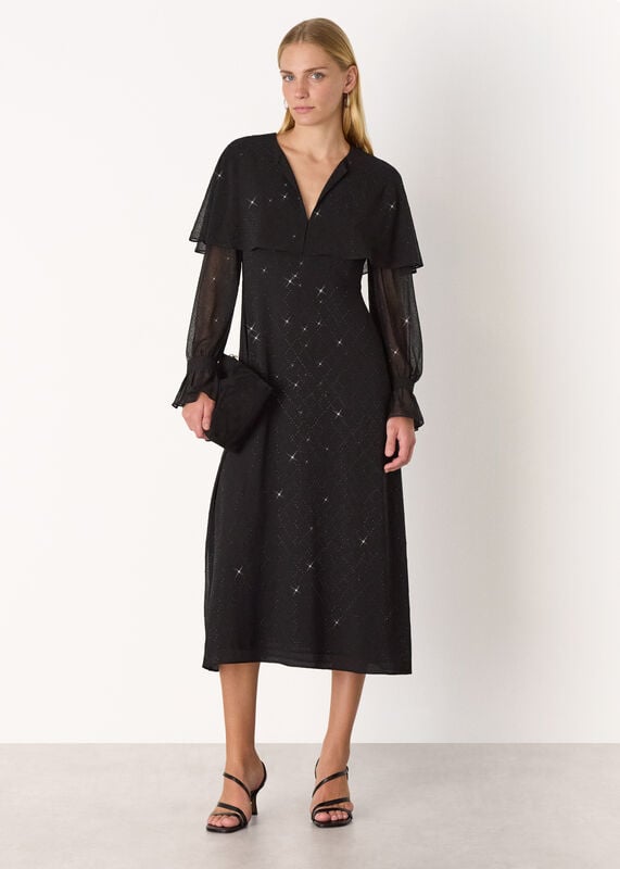 Black Hot Fix Cape Midi Dress