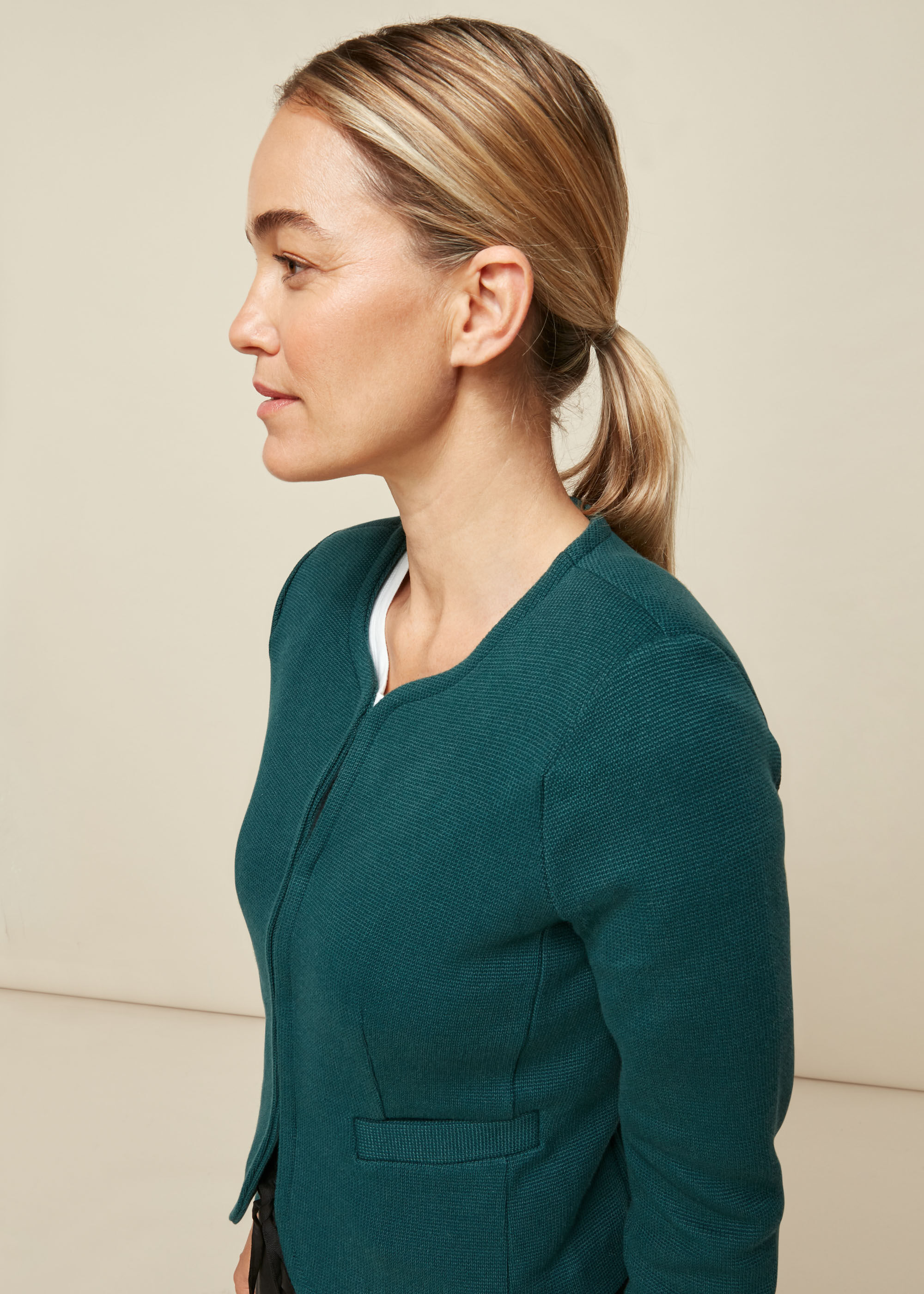 Dark Green Collarless Jersey Jacket 