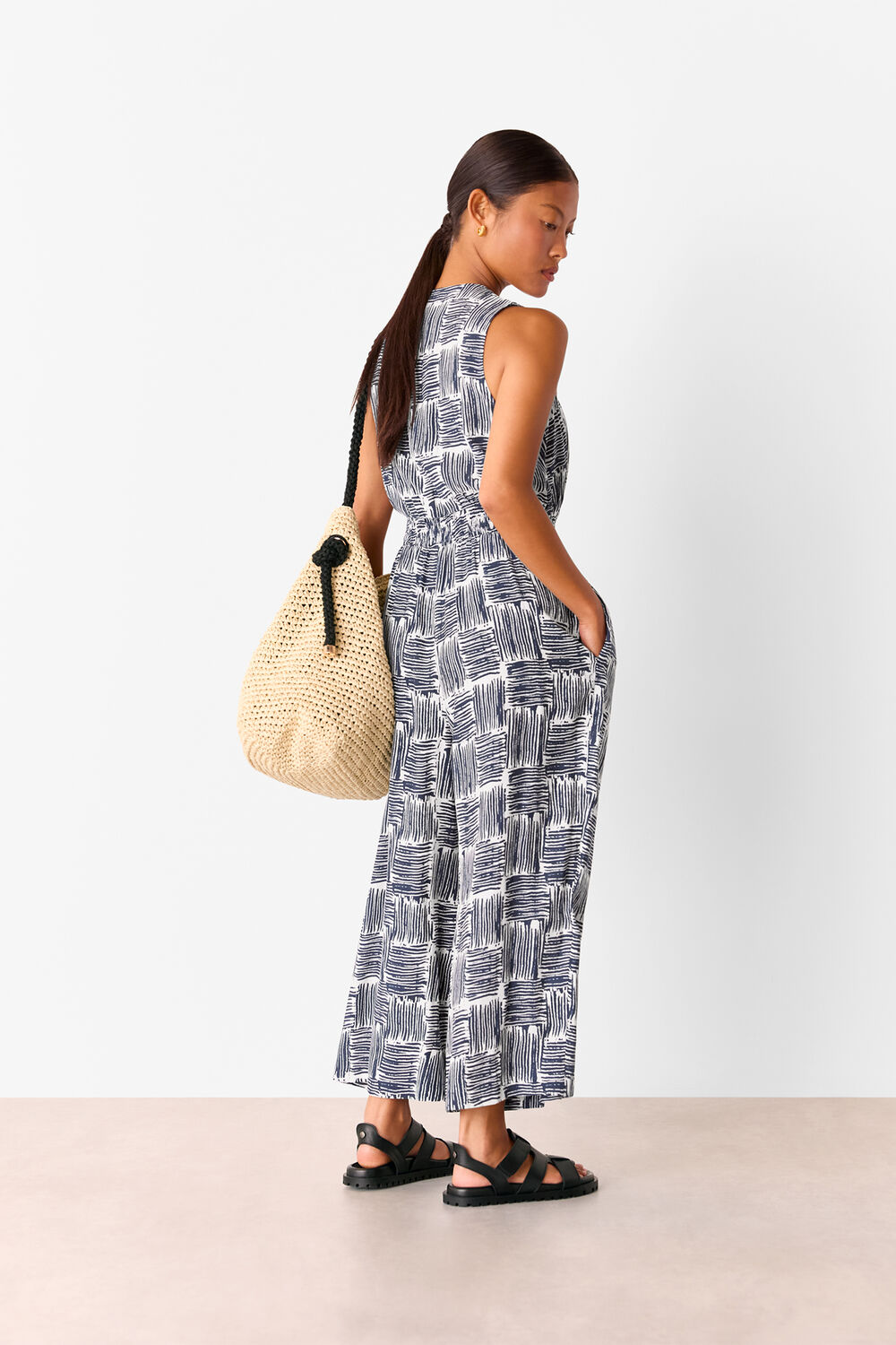 Navy Petite Hatch Squares Jumpsuit