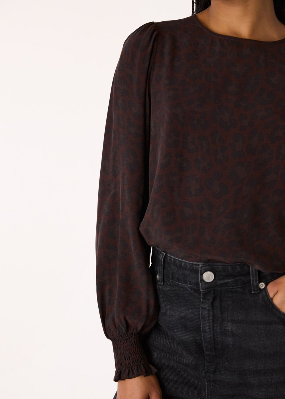 Leopard Shirred Cuff Blouse