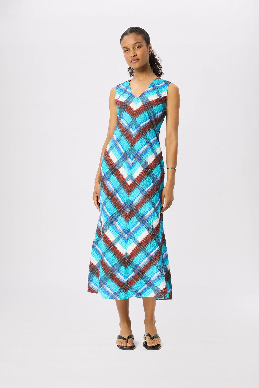 Blue Petite Checked V Neck Textured Dress