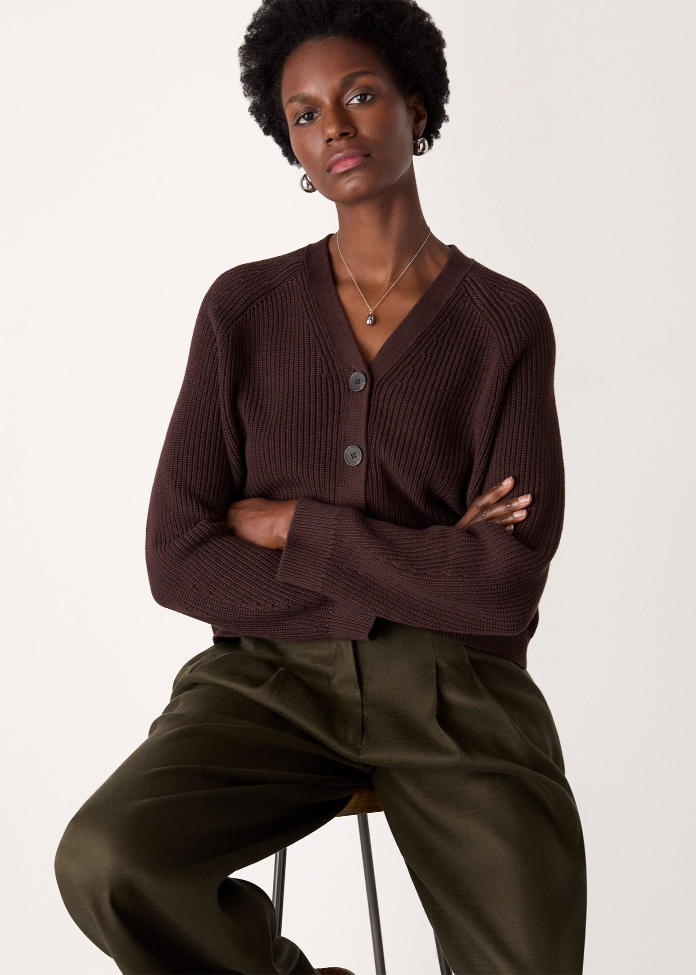 Brown V Neck Cotton Cardigan | WHISTLES | Whistles ROW |