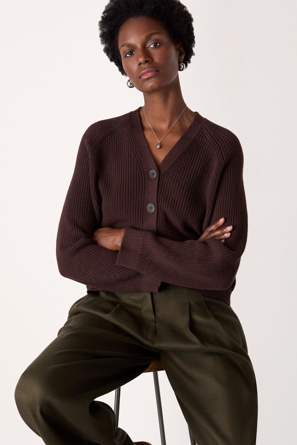 Brown V Neck Cotton Cardigan