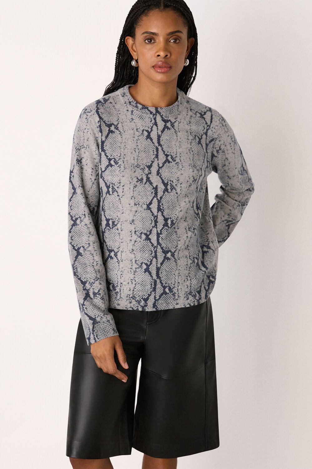 Snake Print Wool Crew Neck Knit