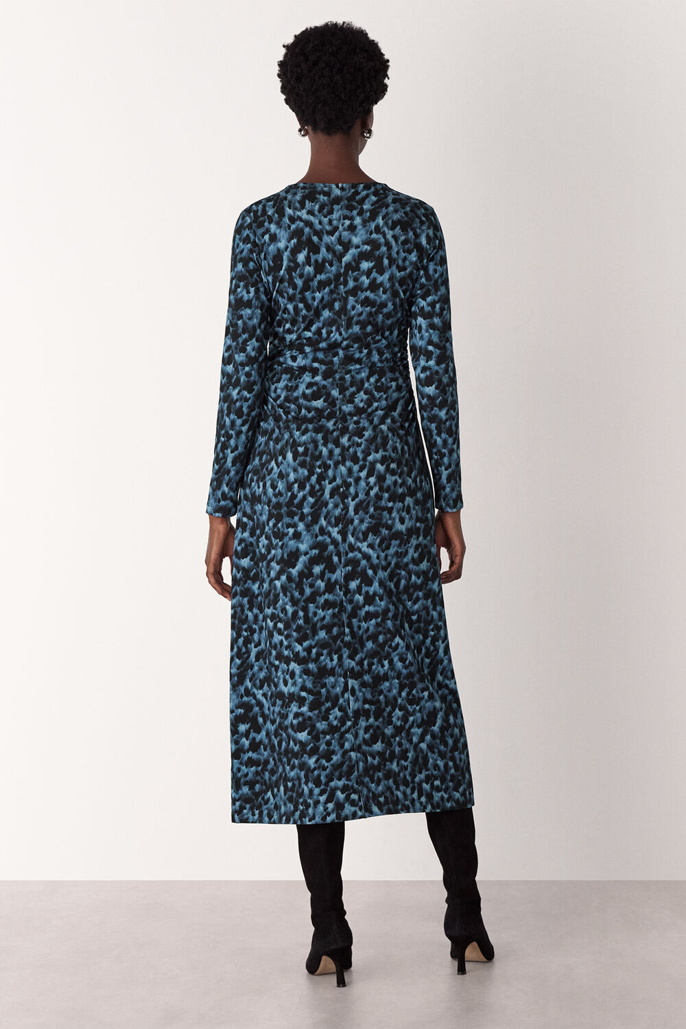 Blue Animal Jersey Ruched Dress