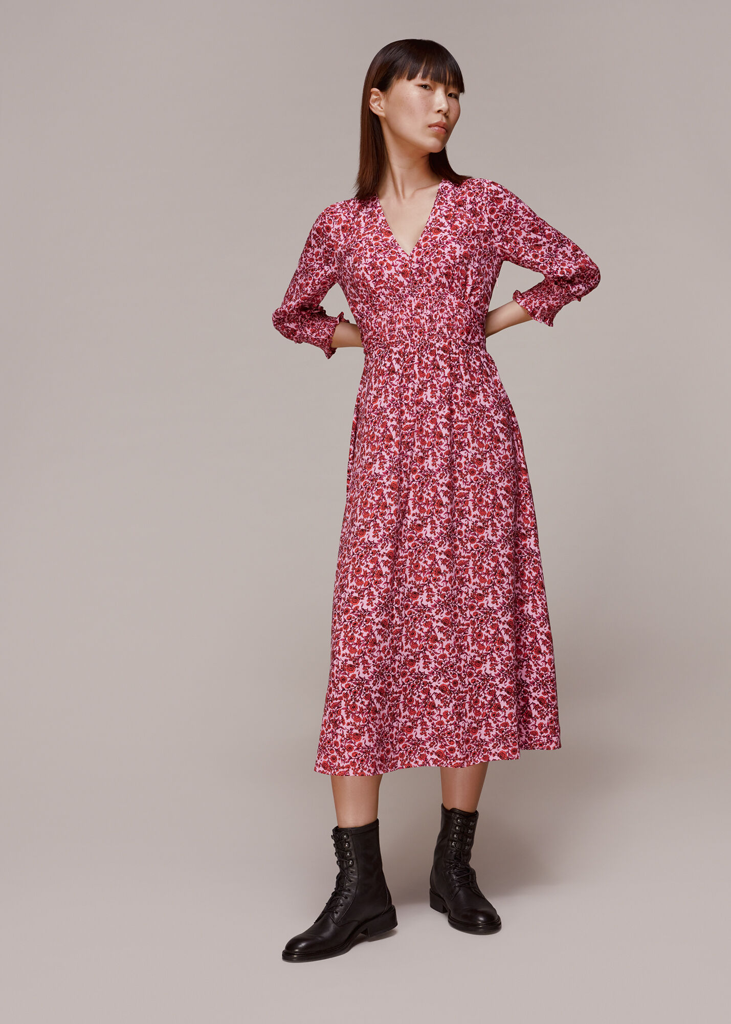 Pink Multi Heath Floral Print Midi Dress WHISTLES