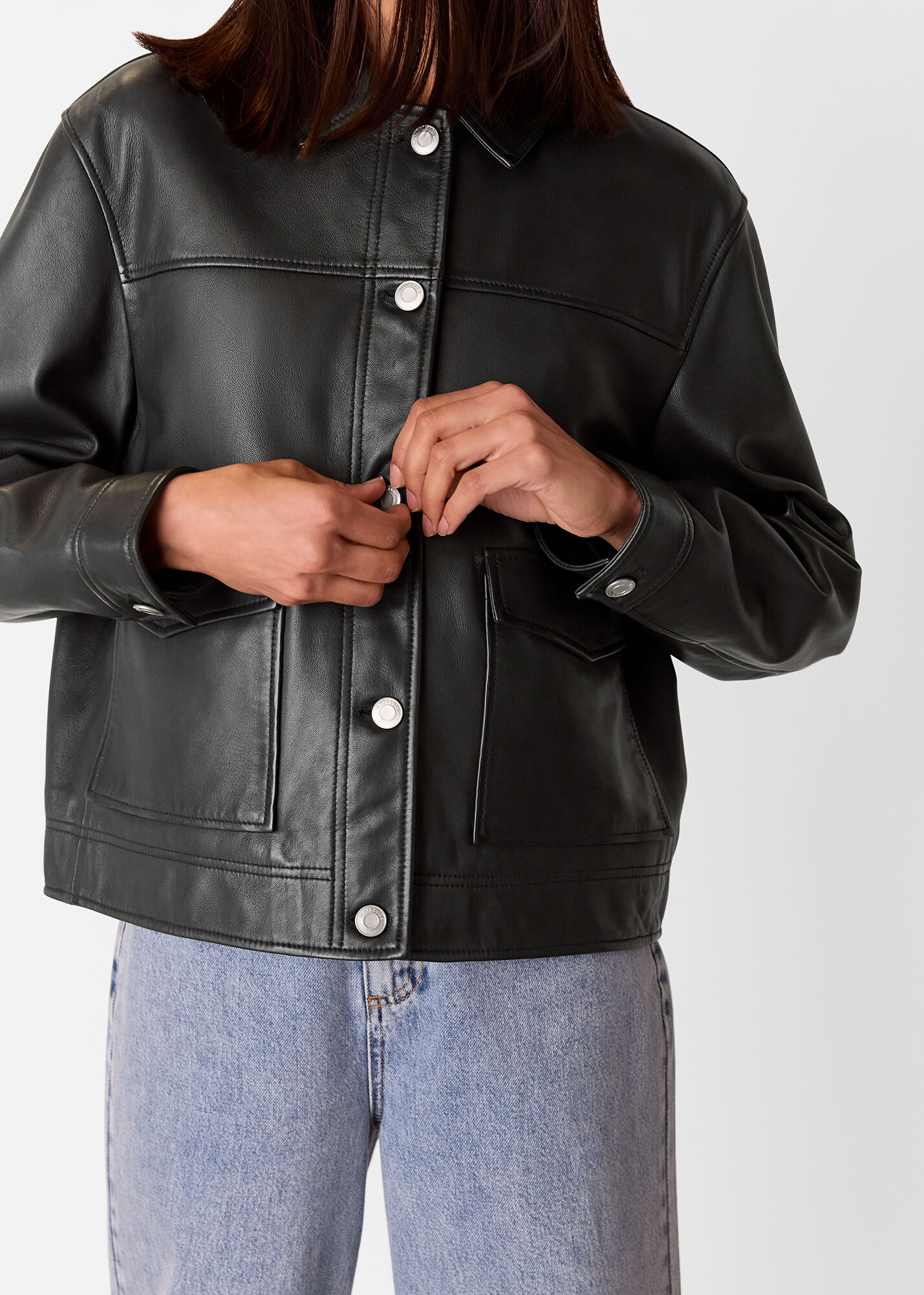 Black Natia Leather Overshirt | WHISTLES | Whistles UK |