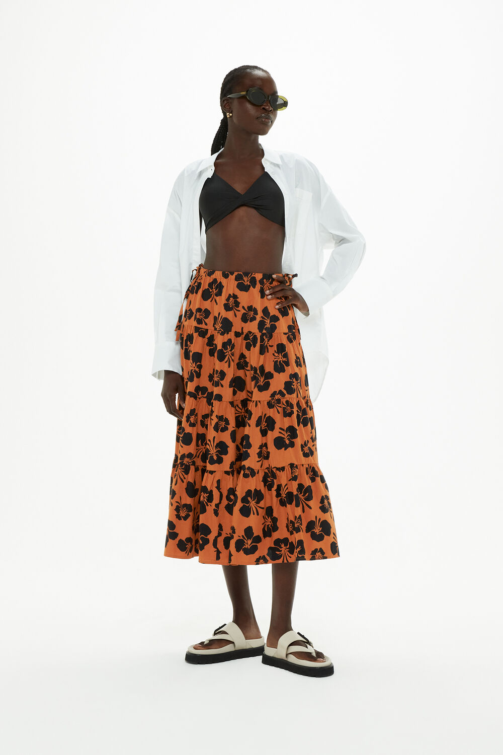 Brown Tropical Floral Tiered Skirt