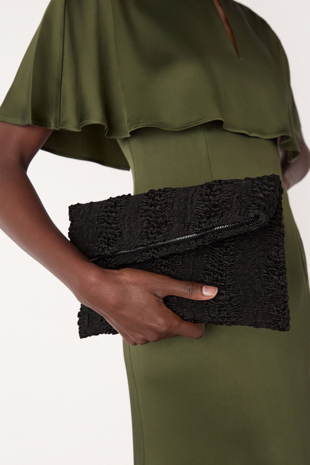 Joy Satin Ruched Zip Clutch