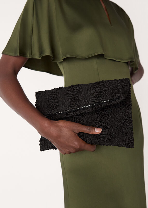 Black Joy Satin Ruched Zip Clutch