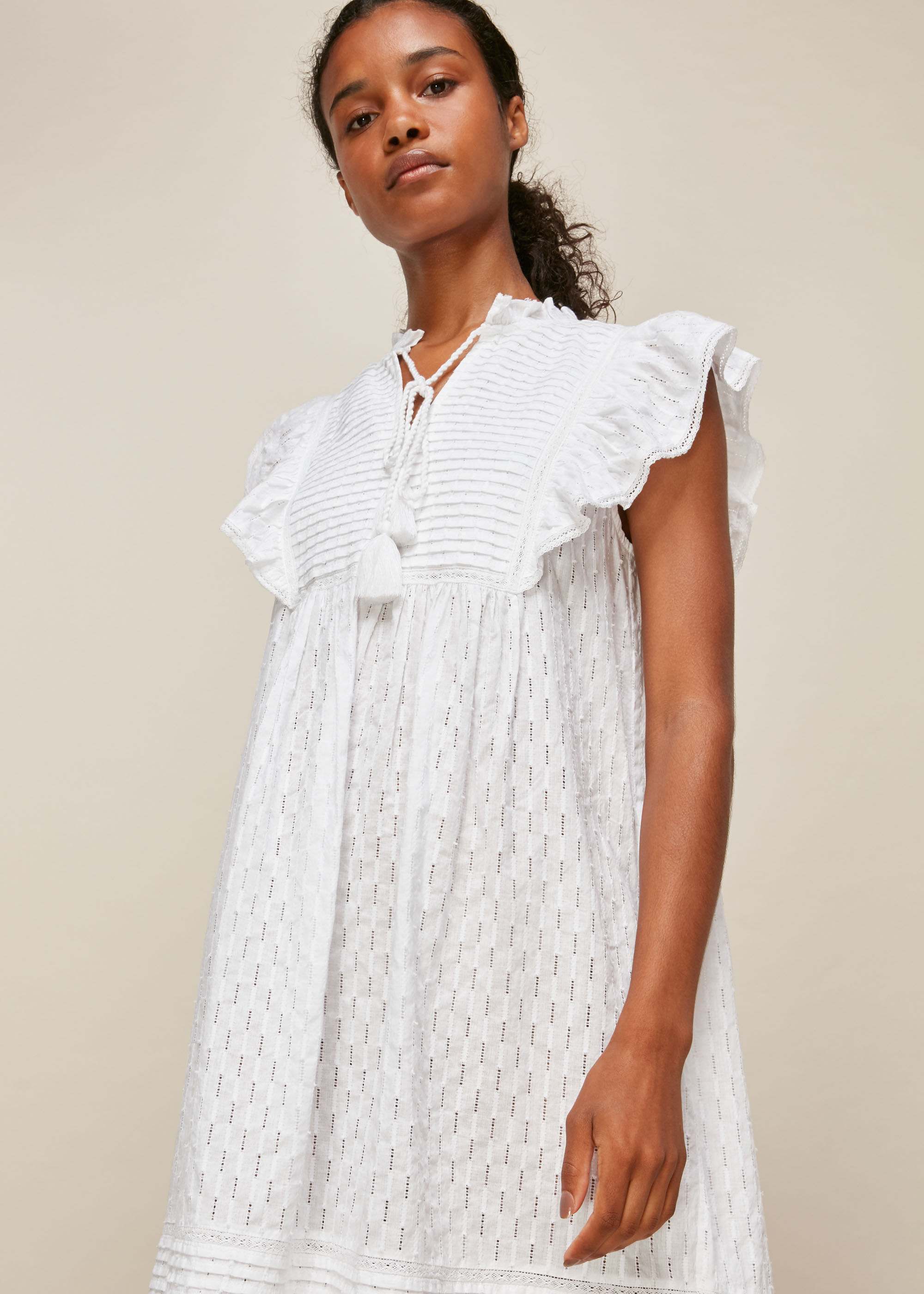 White Pintuck Frill Cotton Dress WHISTLES