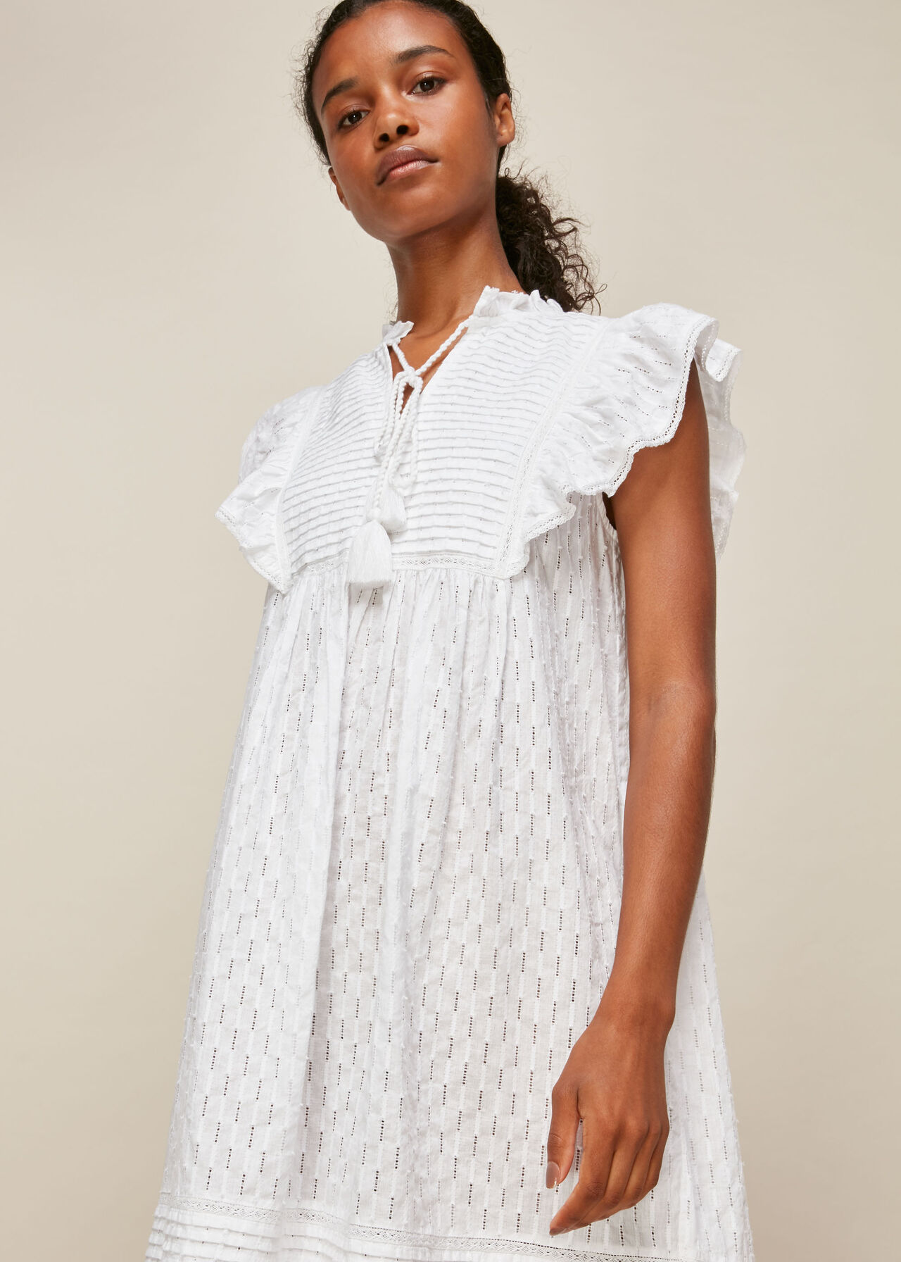 Pintuck Frill Cotton Dress