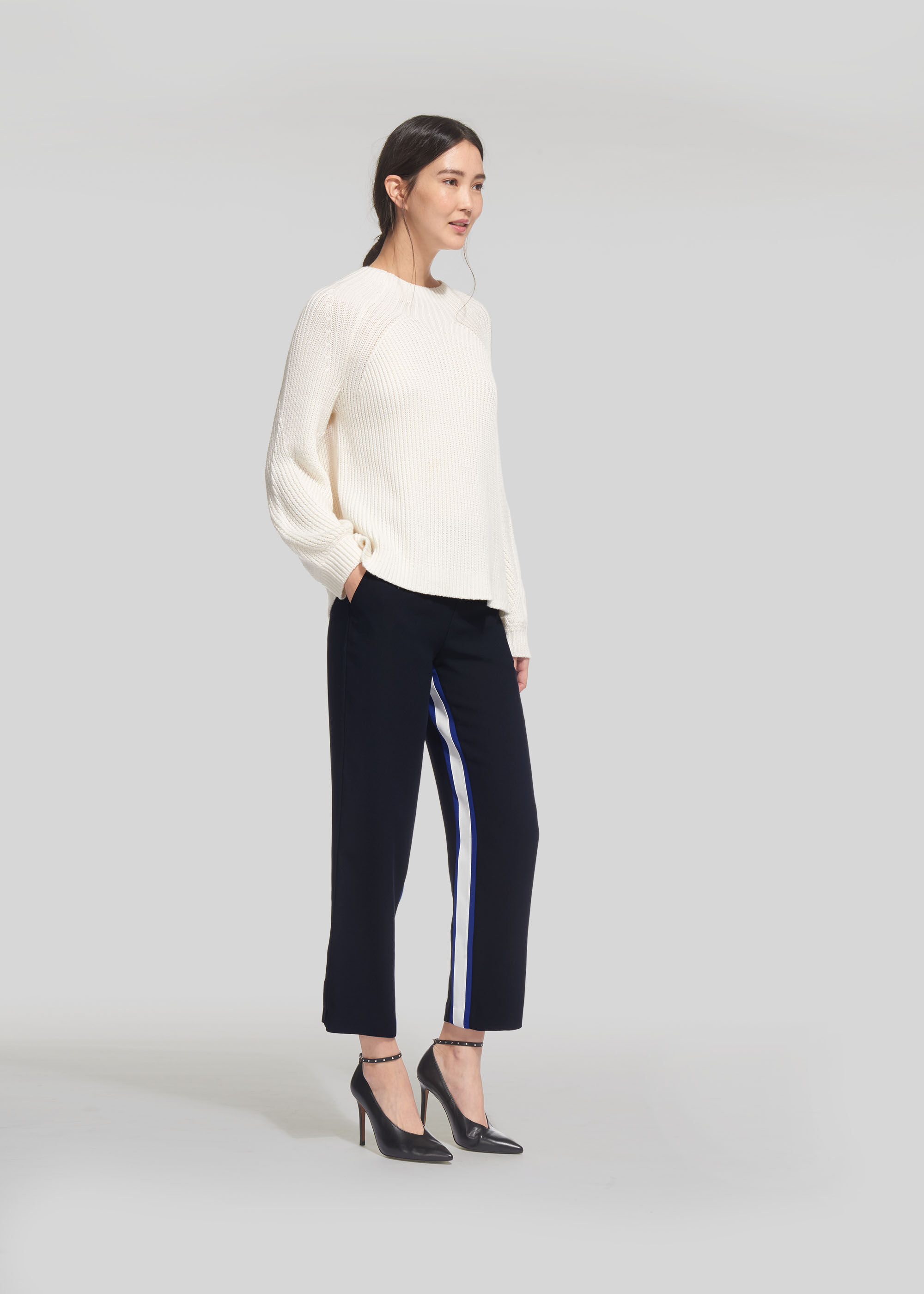 Stripe Insert Crepe Trouser, Navy 